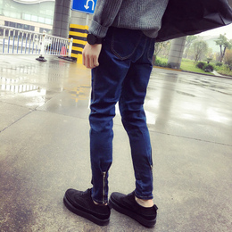 2015冬装新款潮流男士拉链 裤脚设计青年韩版微跨小脚牛仔靴裤子