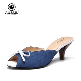AuMu夏季欧美风格木底拖鞋办公室女式中跟拖鞋3306