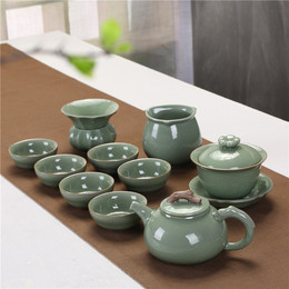 陶瓷功夫茶具套装特价哥窑日式侧把壶6人茶具套装整套盖碗茶杯子
