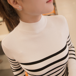 秋冬新款韩版短款半高领毛衣打底衫女长袖套头加厚修身条纹针织衫