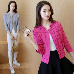 2016韩版秋装新款彩色格子针织衫开衫 短款上衣小香风外套毛衣女