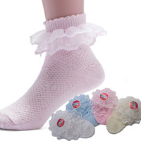 儿童袜子夏季薄款花边袜 女童短袜蕾丝冰丝袜学生白色表演袜4双装
