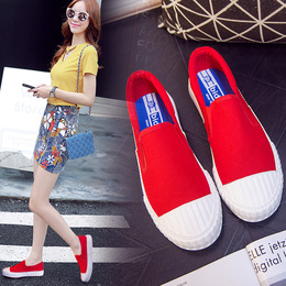 红色帆布鞋一脚蹬女鞋白色懒人鞋布鞋厚底休闲鞋夏学生韩版小白鞋