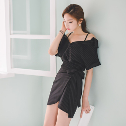 夏季新款2016韩版气质性感一字领吊带条纹修身包臀不规则连衣裙女