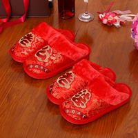 新款冬季居家拖鞋结婚喜庆婚庆老公老婆棉拖鞋夫妻情侣创意红拖鞋