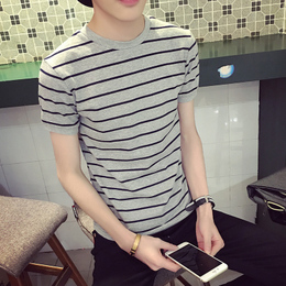 2016夏季新款格子条纹短袖t恤男潮牌男士韩版修身半袖学生青少年