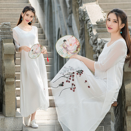 夏装新女装雪纺假两件印花中袖连衣裙唯美简约中国民族风白色长裙