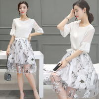 2017春夏新款韩版女装雪纺短袖气质印花欧根纱连衣裙中长两件套装
