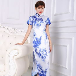 花色旗袍长款 修身短袖大码中国风改良中式连衣裙摄影表演服礼服