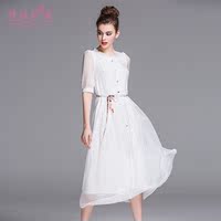 欧美高端品牌女装春夏新款时尚中袖真丝连衣裙显瘦圆领白色长裙子