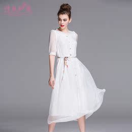 欧美高端品牌女装春夏新款时尚中袖真丝连衣裙显瘦圆领白色长裙子