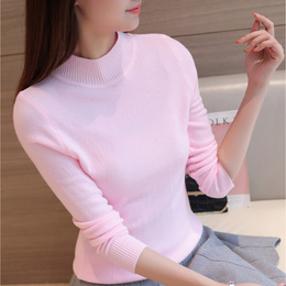 2016夏装女装韩版半高圆领短袖针织衫t恤女纯色套头打底衫上衣薄