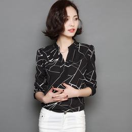 2016秋 韩版小立领气质修身条纹印花雪纺衫衬衫女长袖小衫打底衫
