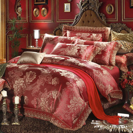 莫代尔贡缎提花婚庆四件套大红纯棉 欧式全棉床上用品4件套1.8m床
