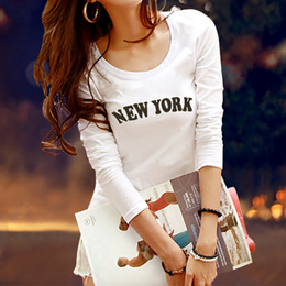 韩版新款秋装女士纯棉修身显瘦圆领体恤印花上衣打底衫长袖T恤女