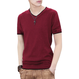 泰芝郎夏季V领短袖t恤男士纯棉半袖修身韩版红色休闲青年潮流男装