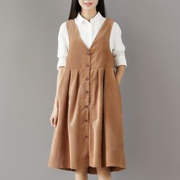韩版女装秋装2016新款潮 复古宽松大码中长款灯芯绒背心连衣裙