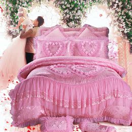 韩式公主蕾丝婚庆四件套大红全棉 结婚床单床盖六 十件套1.8m床