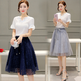 2016夏韩版新款短袖修身雪纺上衣连衣裙两件套中长款欧根纱套装裙