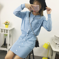 2016秋季新款韩版修身长袖针织开衫女毛衣外套时尚连衣裙两件套装