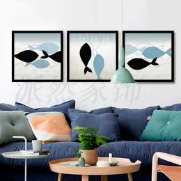 餐厅装饰画现代简约客厅挂画北欧三联画卧室壁画地中海创意鱼有框