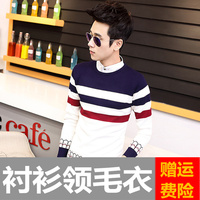 秋冬季男士假两件套圆领针织衫学生衬衫领毛衣青少年韩版假领衬衣