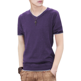 泰芝郎夏季V领短袖t恤男士纯棉半袖修身韩版紫色休闲青年潮流男装