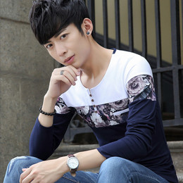 韩版秋季男士长袖t恤个性印花青少年学生修身纯棉打底衫v领上衣服
