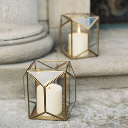 北欧森林系自然风复古铜色 几何玻璃花房手提烛台风灯 婚礼花盒