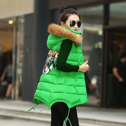 2016时尚韩版中长款马甲女新款冬装印花坎肩羽绒棉保暖带毛领外套
