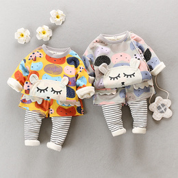 宝宝秋冬装0-1岁女宝宝套装加绒加厚 婴儿套装1-2-3周岁 女童套装