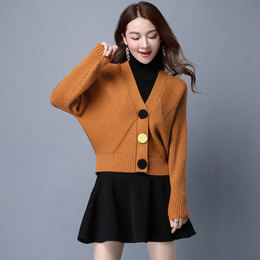 2016秋冬新款女韩版短款针织衫毛衣大码显瘦蝙蝠袖羊绒衫开衫外套