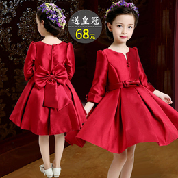 包邮女童秋装2016新款韩版红色长袖连衣裙儿童公主裙女孩生日礼服