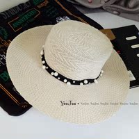 韩国夏季黑色优雅珍珠带大檐折叠礼帽平顶圆帽防晒遮阳帽女潮帽子