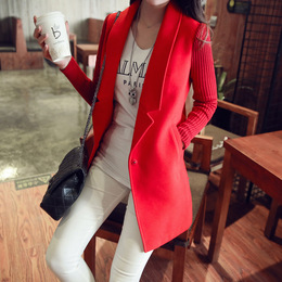 韩国西服2016秋季中长款修身女式风衣小西装春秋针织袖拼接呢外套