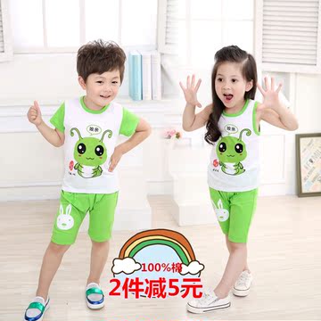 夏季儿童纯棉短袖套装 男女童运动卡通t恤两件套 小孩中大童宝宝