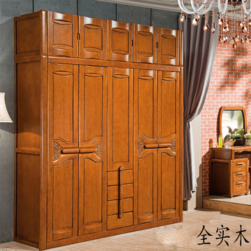 中式全实木开门衣柜2 3 4 5 6门 橡木推拉衣橱卧室大空间储物加顶