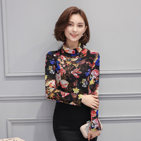 2016冬季韩版高领修身花朵印花网纱加绒加厚打底衫女长袖保暖T恤