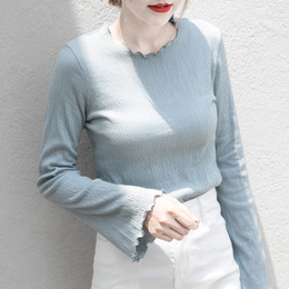 秋季新款韩版女装学生简约时尚弹力修身圆领纯色棉喇叭长袖薄t恤