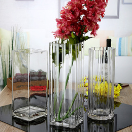 全国包邮大号透明水晶玻璃花瓶百合富贵竹仿真花器方口圆口竖条缸