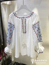 韩国单漂亮时尚宽松衬衫印花白色小衫女长袖秋装新款棉布精品上衣