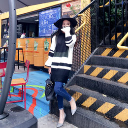 韩版女装2016撞色毛衣潮秋冬百搭显瘦中长款针织衫宽松喇叭袖上衣