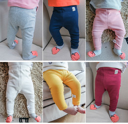 婴幼儿纯色加绒长裤新生儿0-3个月纯棉宝宝打底裤冬季婴儿裤子秋