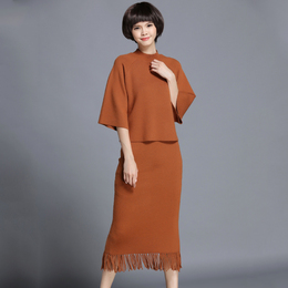 韩国新款女装宽松套头毛衣两件套秋季包臀半身裙针织衫套装女线衫