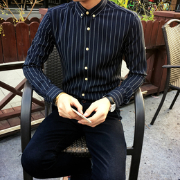 韩国新品高档时尚条纹修身长袖衬衫男士潮英伦搭扣领优雅条纹衬衣