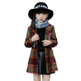 【天天特价】女童毛呢外套2016新款韩版呢大衣儿童中长款格子外套