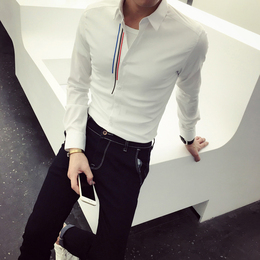 秋季发型师长袖衬衫男韩版修身小码刺绣白色衬衣青年西装打底衫