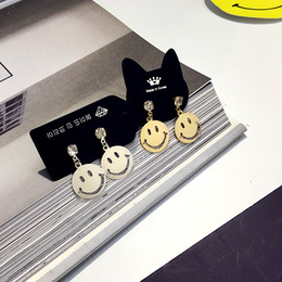 韩国韩版个性金属感设计 镶钻宝石简约 笑脸圆形几何耳环耳饰