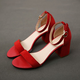 2016欧美新款红色女士高跟凉鞋女真皮一字扣带粗跟凉鞋SW高跟女鞋