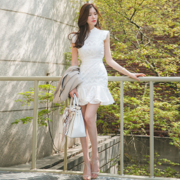 2016夏季新款韩版时尚性感女装修身显瘦短袖拼接荷叶边包臀连衣裙